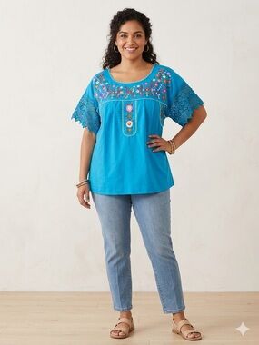 UNIK Blue Embroidered Boho Lace Sleeve Top XXL Mexican embroidery